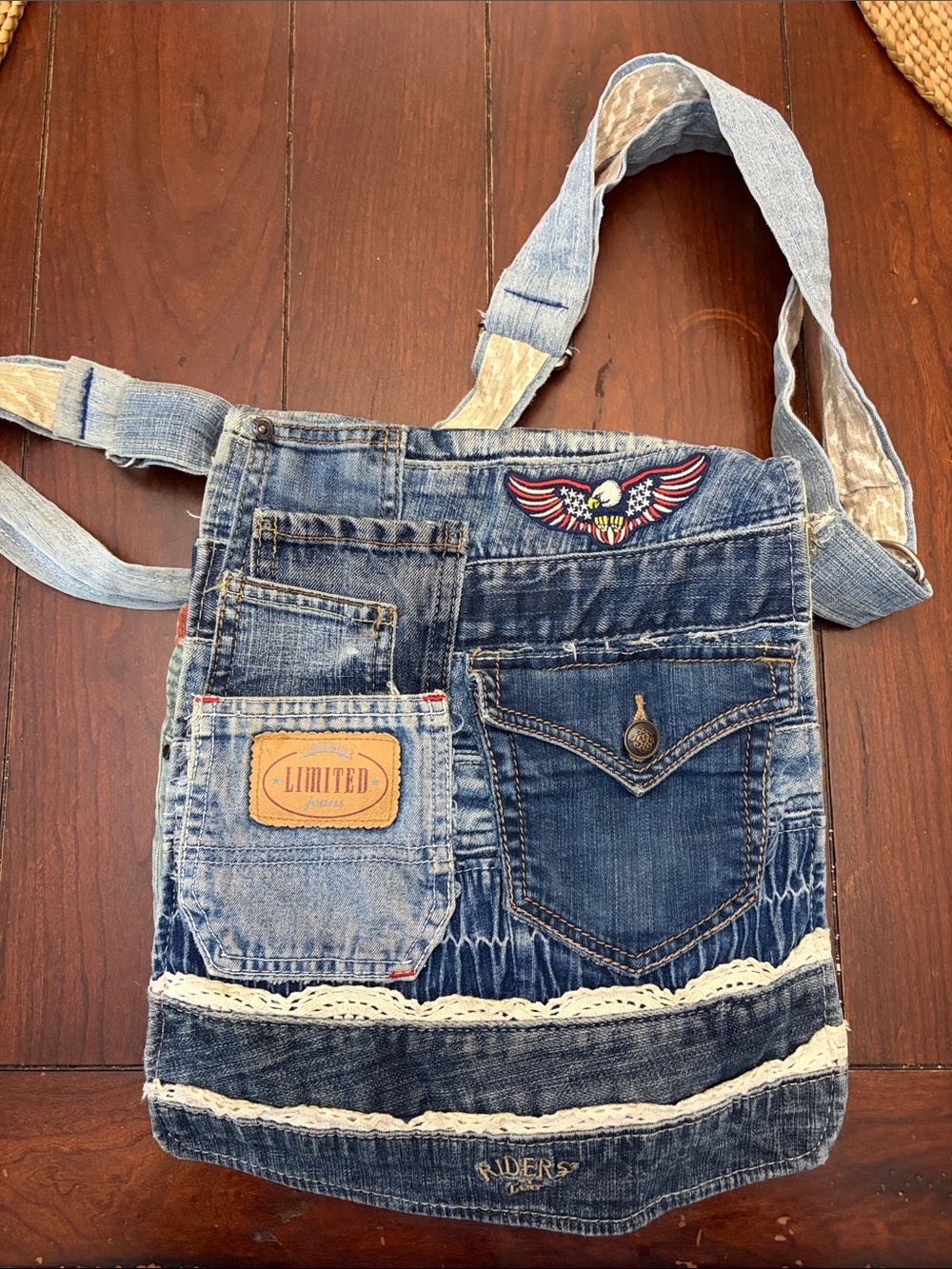 Beautiful Upcycled Denim Crossbody Bag with patches and patterns